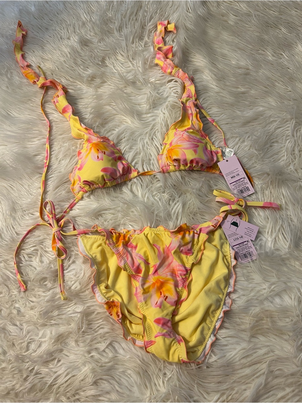 Yellow Pink Floral Ruffle Bikini Set